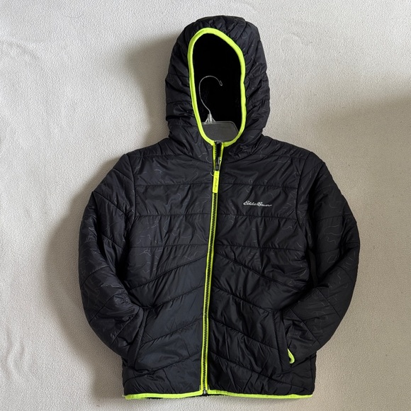 Eddie Bauer Zip Up Hoodie Fleece-Lined Black Jacket with Neon Trim Size S - Picture 2 of 6